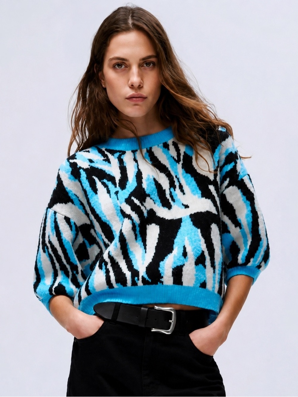 Zara Jacquard Animal Print Sweater Blue Black White Size S - Picture 1 of 11